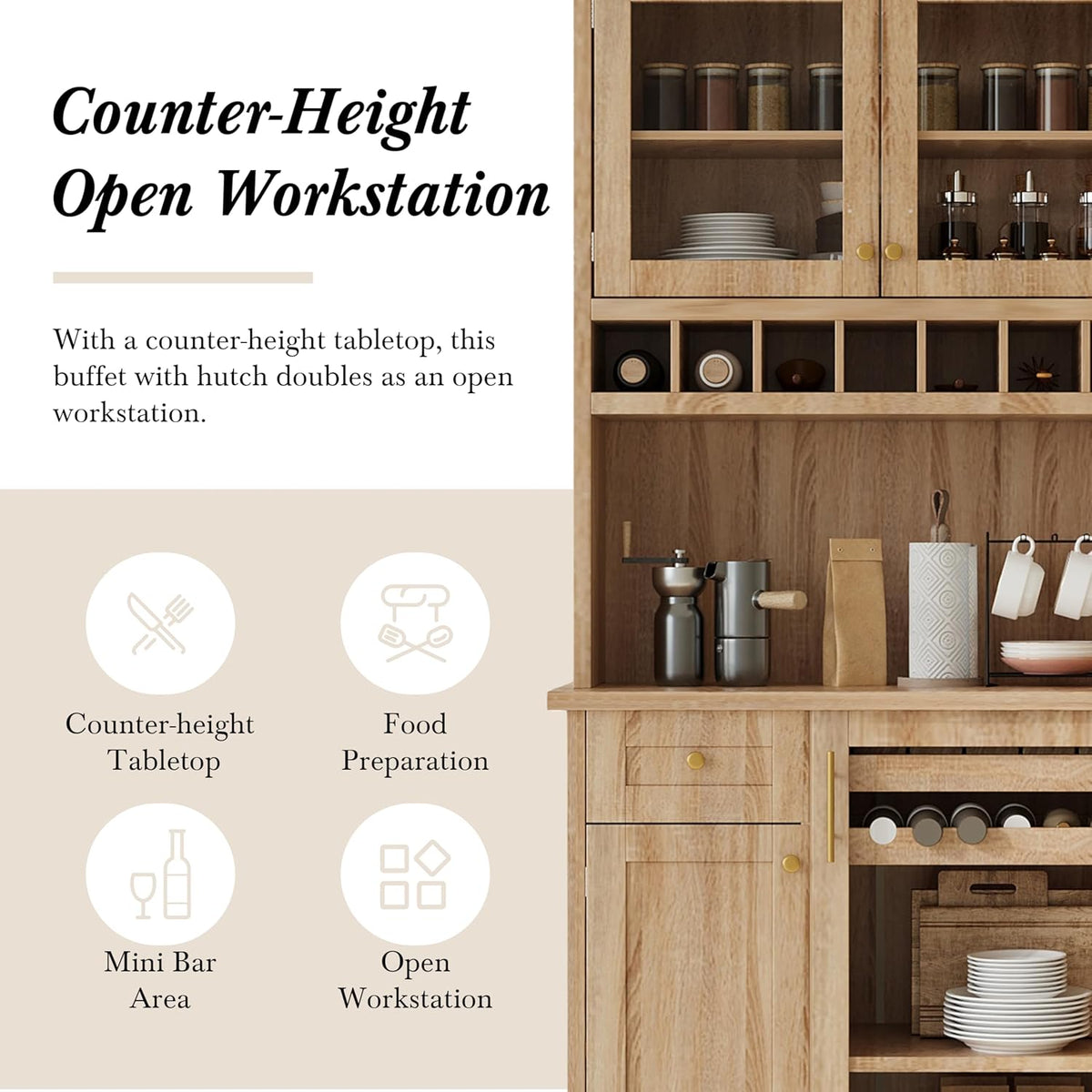Polibi Farmhouse Freestanding Kitchen Pantry Cabinet Buffet with Hutch, Wine Rack, Adjustable Shelves, Pull-Out Bottle Trays & Glass Doors, 35.4x17.7x74.8inch,Natural