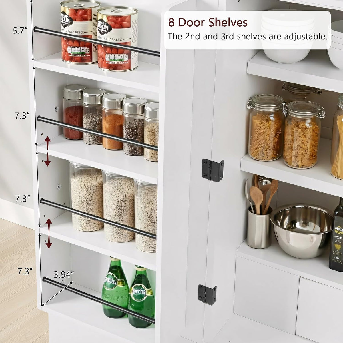 72" Tall Morden Kitchen Pantry Cabinet with 8 Door Shelves, Morden Storage Cabinet with 3 Adjustable Shelves, Hidden Drawer, Versatile Cupboard for Kitchen, Dining & Bathroom (Arched, White)