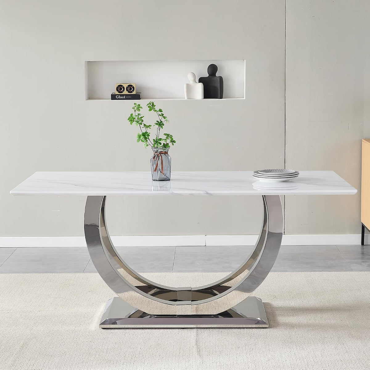SSLine Modern White Marble Dining Table for 6,Luxury 69" Faux Marble Kitchen Table for 4 6 8, Rectangle Dining Room Table with Silver Stainless Steel U-Shape Base(1 Table Only)