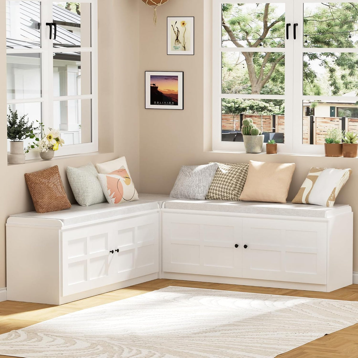 63 inches L-Shaped Storage Bench with Cushion Seat Corner Dining Bench with Hidden Storage Wooden Backless Bench for Entryway Dining Room Kitchen,White