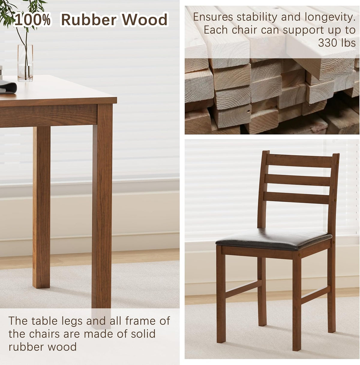 WiberWi Dining Table Set for 4, Solid Wood Kitchen Table and Chairs Set of 4, 43.3” Space-Saving Mid Century Modern Dining Room Table with Upholstered Chairs, Walnut