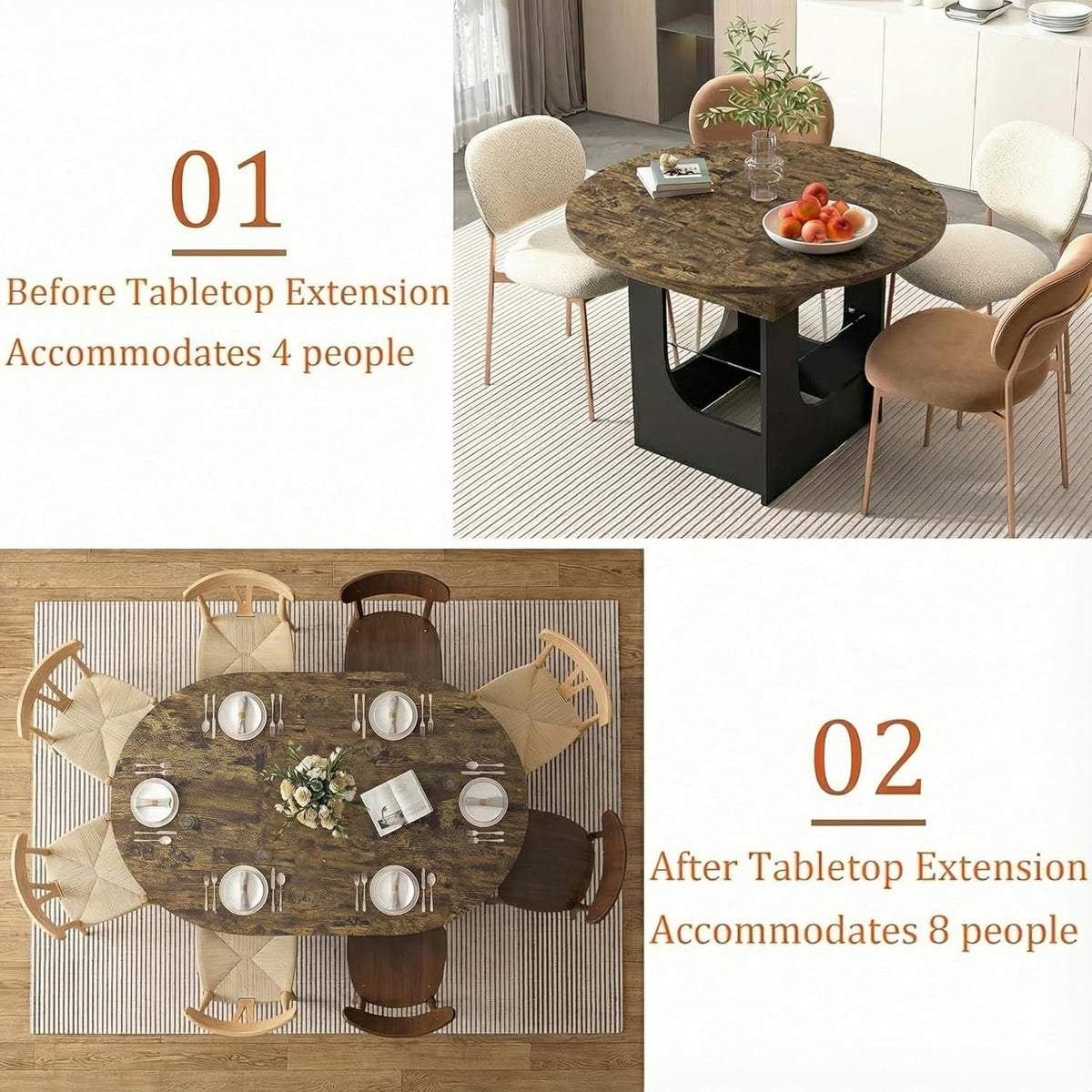 ARTETHYS 43.3"-59" Extendable Round Dining Room Table for 4-8 with Lights Oval Modern Table with Hidden Leaf and Glass Storage Shelf for Kitchen Living Room, Rustic