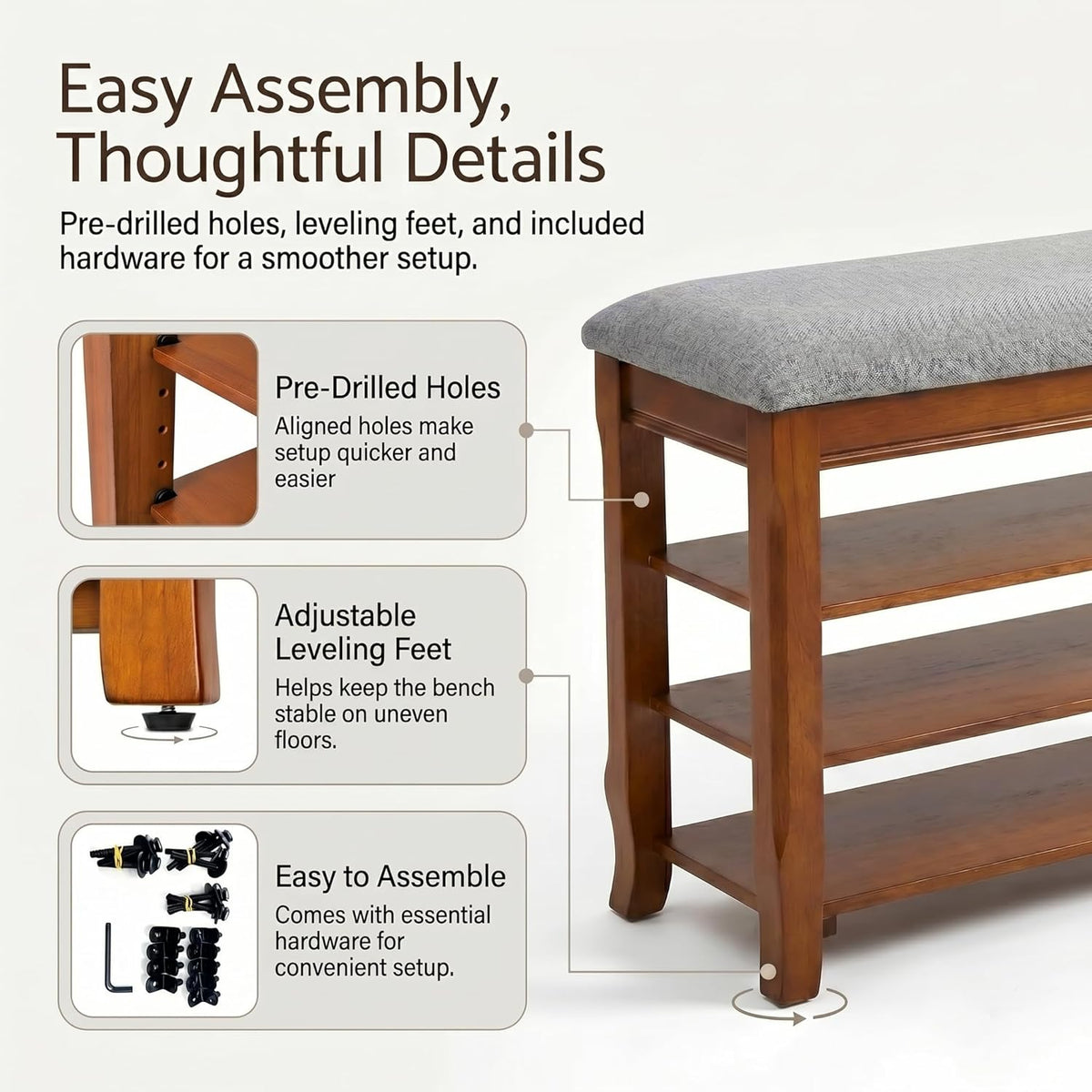 Solid Wood Shoe Bench with Storage, Flip-Top Soft-Close Lid, Adjustable Shelves, Cushioned Entryway Shoe Rack Organizer, 31.5”