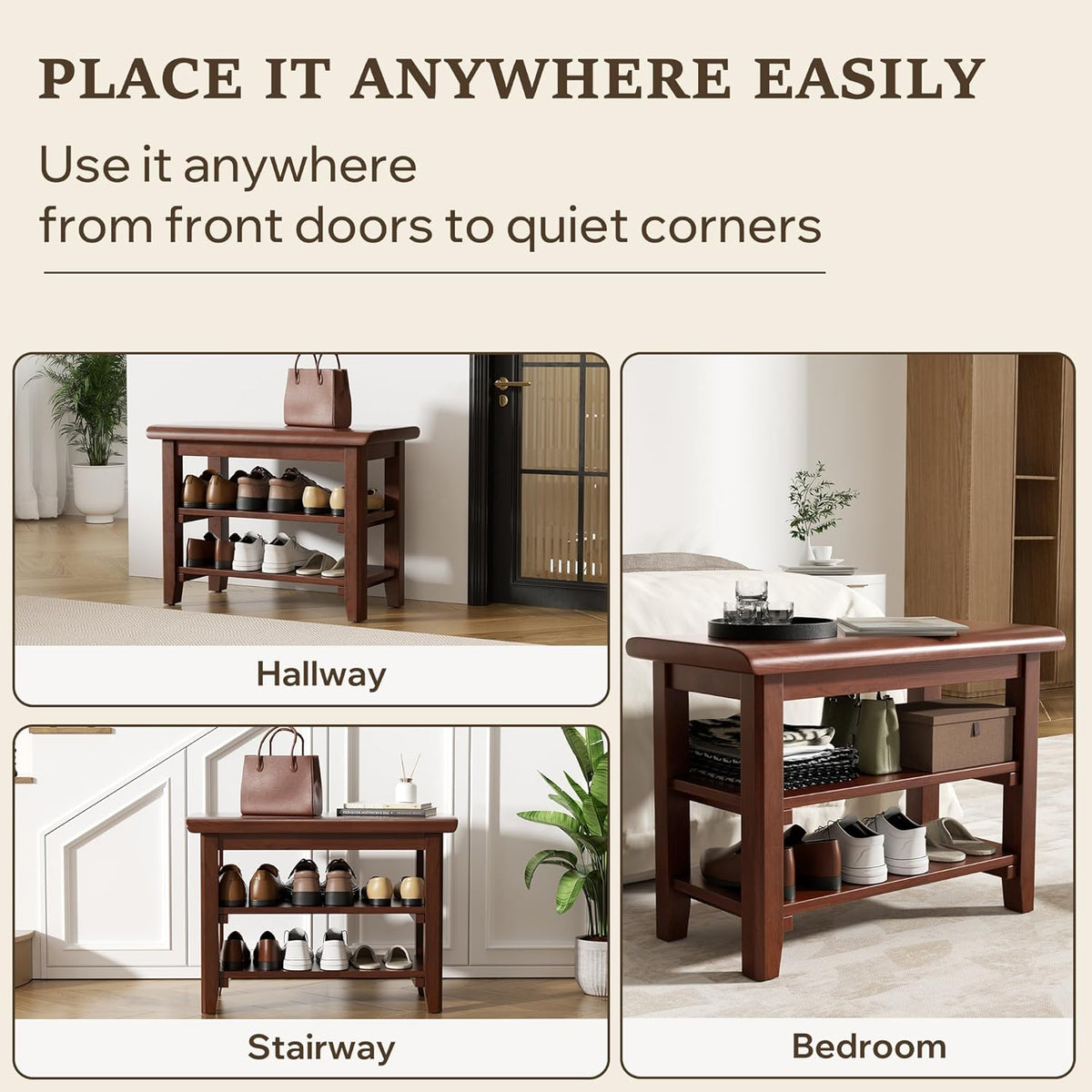 Shoe Rack Bench Mid Century Modern 2-Tier Shoe Rack Organizer for Entryway Hallway or Living Room Farmhouse Rustic Wooden Seat Bench Brown 11.8" Dx39.4 Wx16.5 H