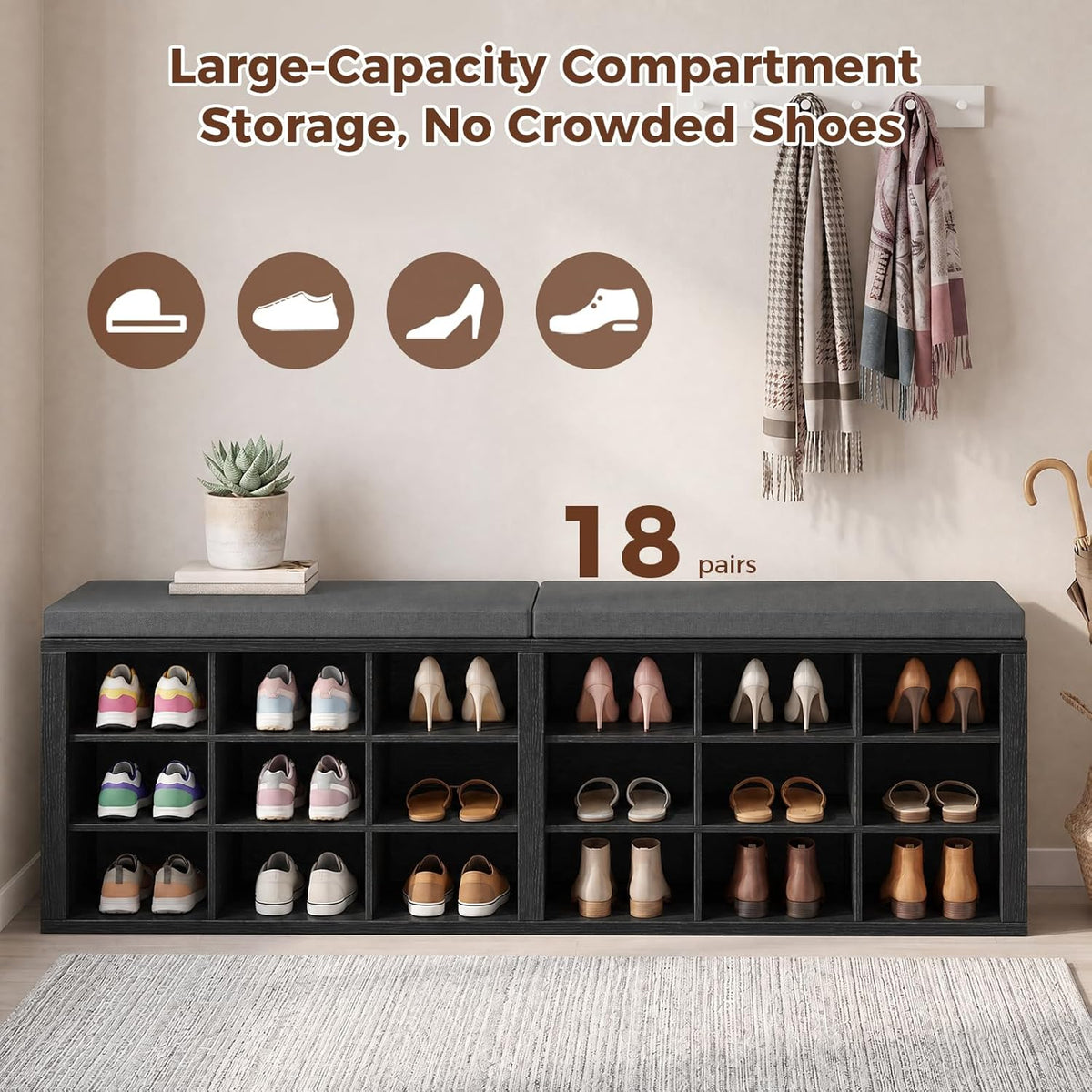 Shoe Rack Bench, Shoe Storage Bench with Cushion, Shoe Organizer 18 Cubbies for Entryway Hallway Bedroom Living Room, Holds Up to 400lbs