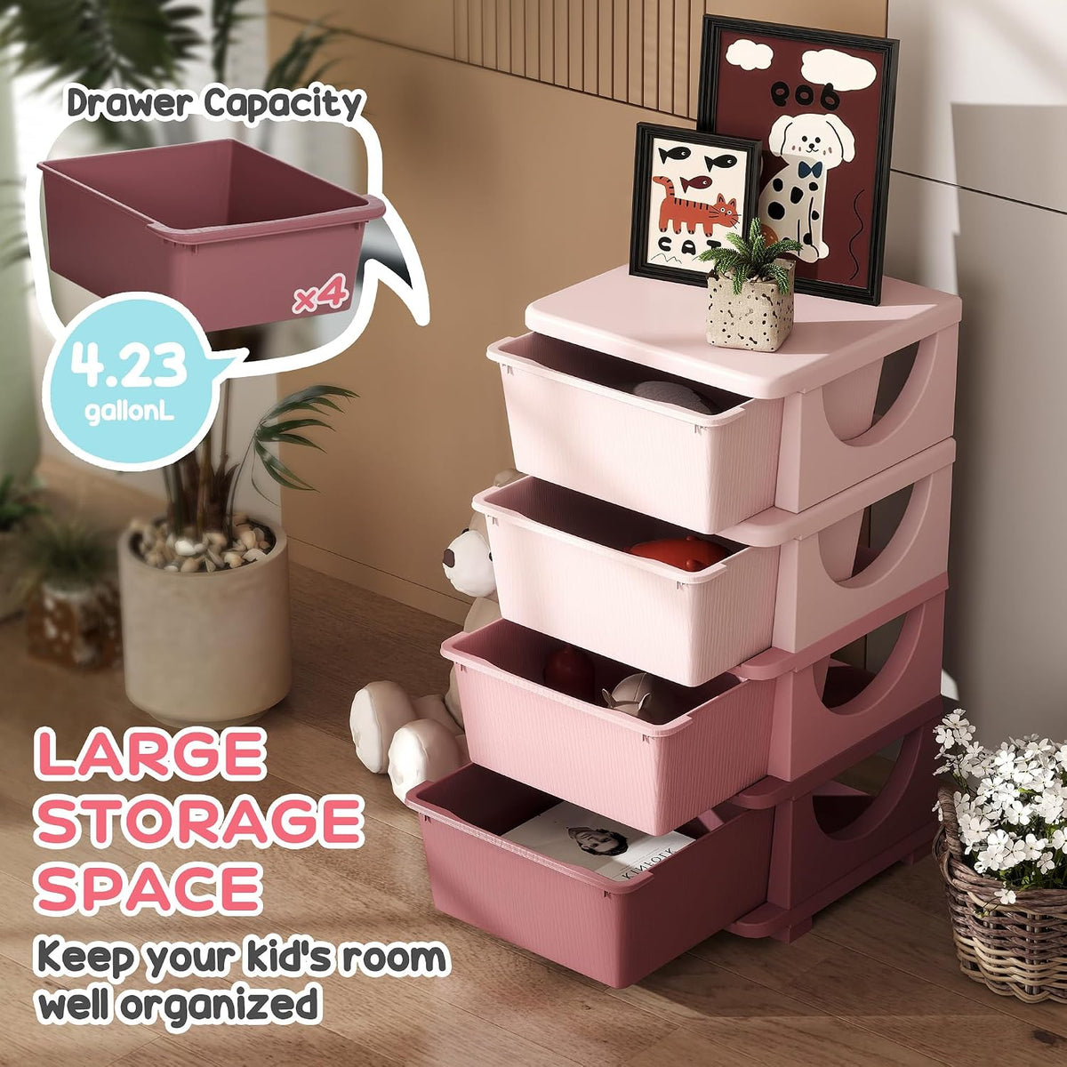 Qaba 4 Drawers Kids Storage Unit 4 Tier Toy Organizers Pink | Stackable Storage Chest, Bedroom, Nursery, Playroom, Living Room, Boys, Girls, Toddlers