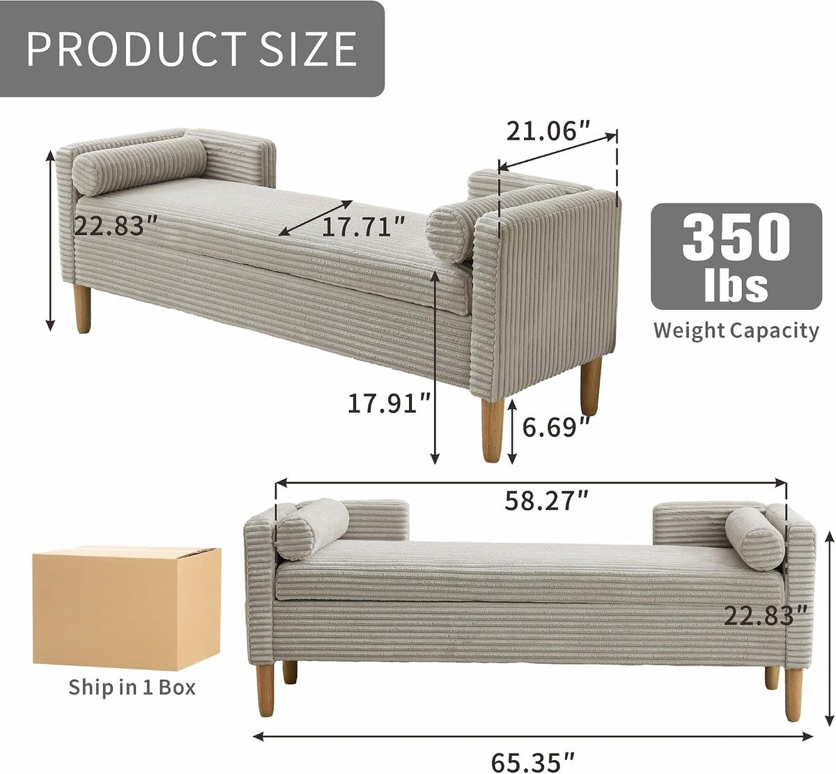 Chifee & Vingol 65.35" W Ottoman with Storage Bench for Bedroom End of Bed with Removable Pillows Upholstered Storage Ottoman Bench for Bedroom Living Room Hallway,Light Gray