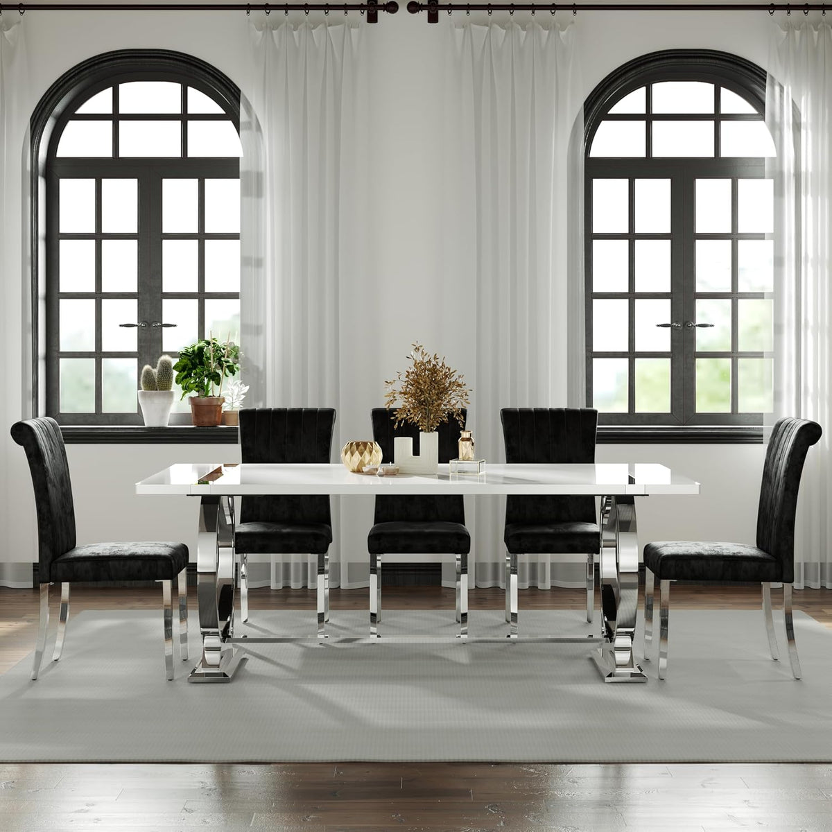 BQueen 78 inch White and Silver Dining Table for 4-8, Luxury Modern White Large Kitchen Table with Chrome Stainless Steel U-Base for Dining Room Kitchen Apartment