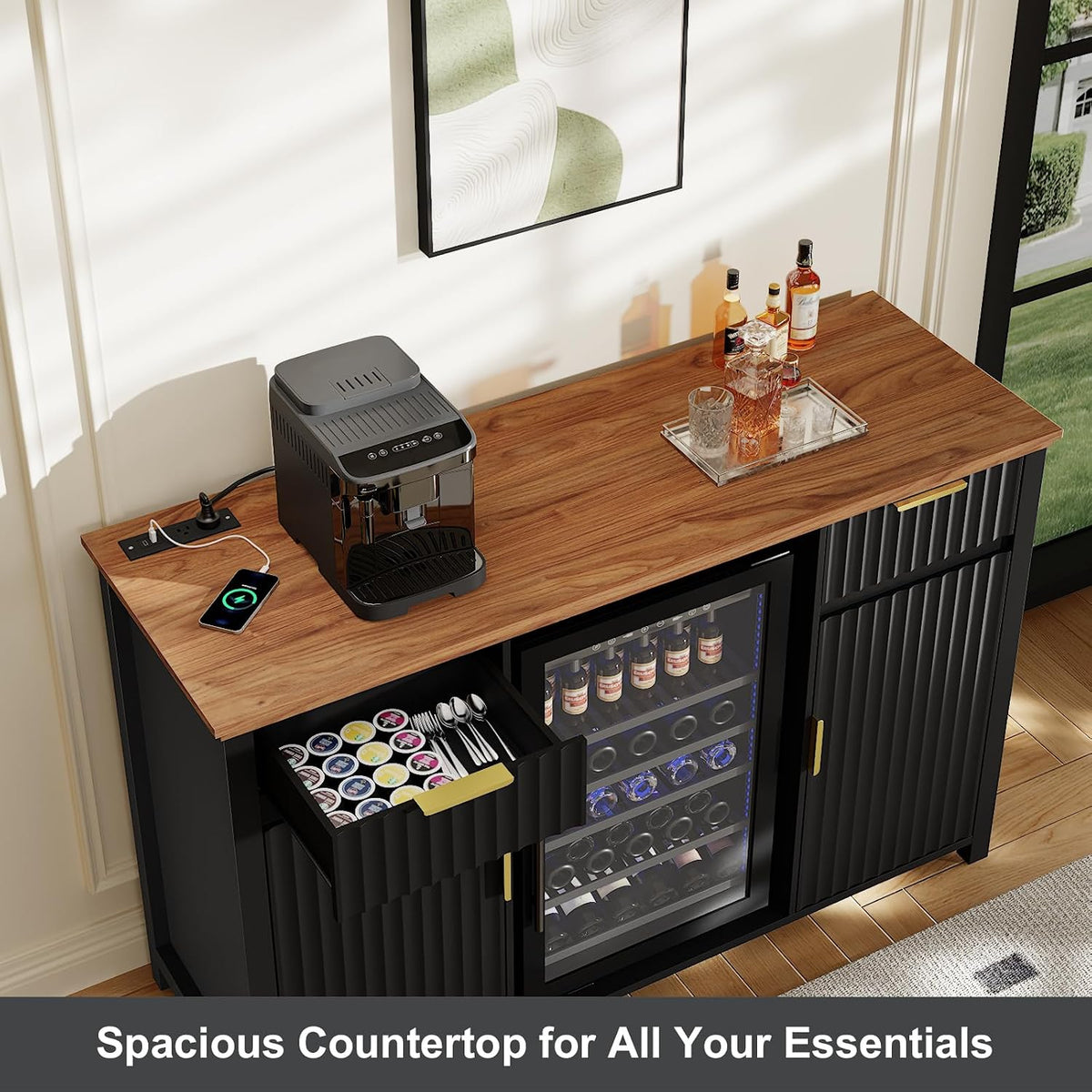 Coffee Bar with Mini Fridge Space & Charging Station, Modern Fluted Mini Fridge Cabinet, Large Bar Cabinet with Wine & Beverage Storage for Kitchen, Dining Room or Living Room
