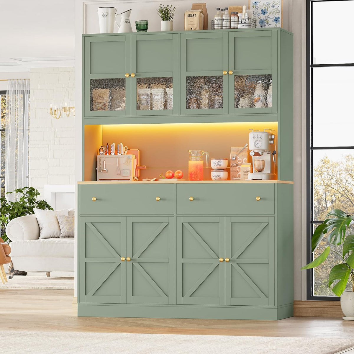 FINETONES 71" Pantry Cabinet with LED Light and Charging Station, Farmhouse Kitchen Pantry Cabinet with Microwave Stand, 47.2" Wide Kitchen Hutch Food Pantry with Open Countertop, Green