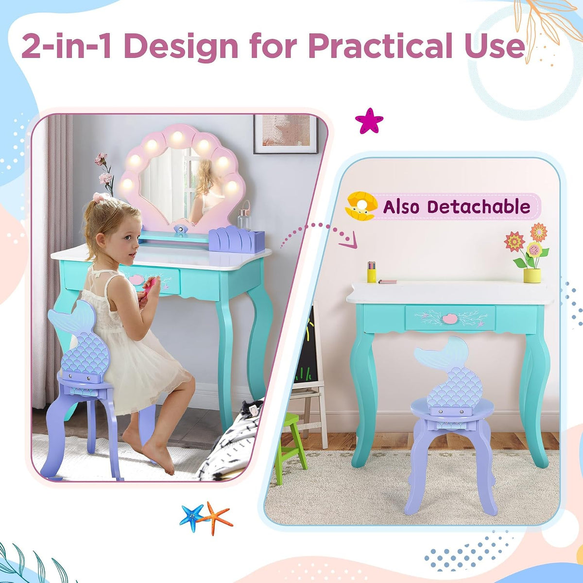 Vanity Set with Lights & Mirror, Wooden Dressing Table and Chair | 2 in 1 Ocean Theme Makeup Table and Stool Set, Little Girls Princess Pretend Play Set, Accessories, Kids Vanity for Birthday
