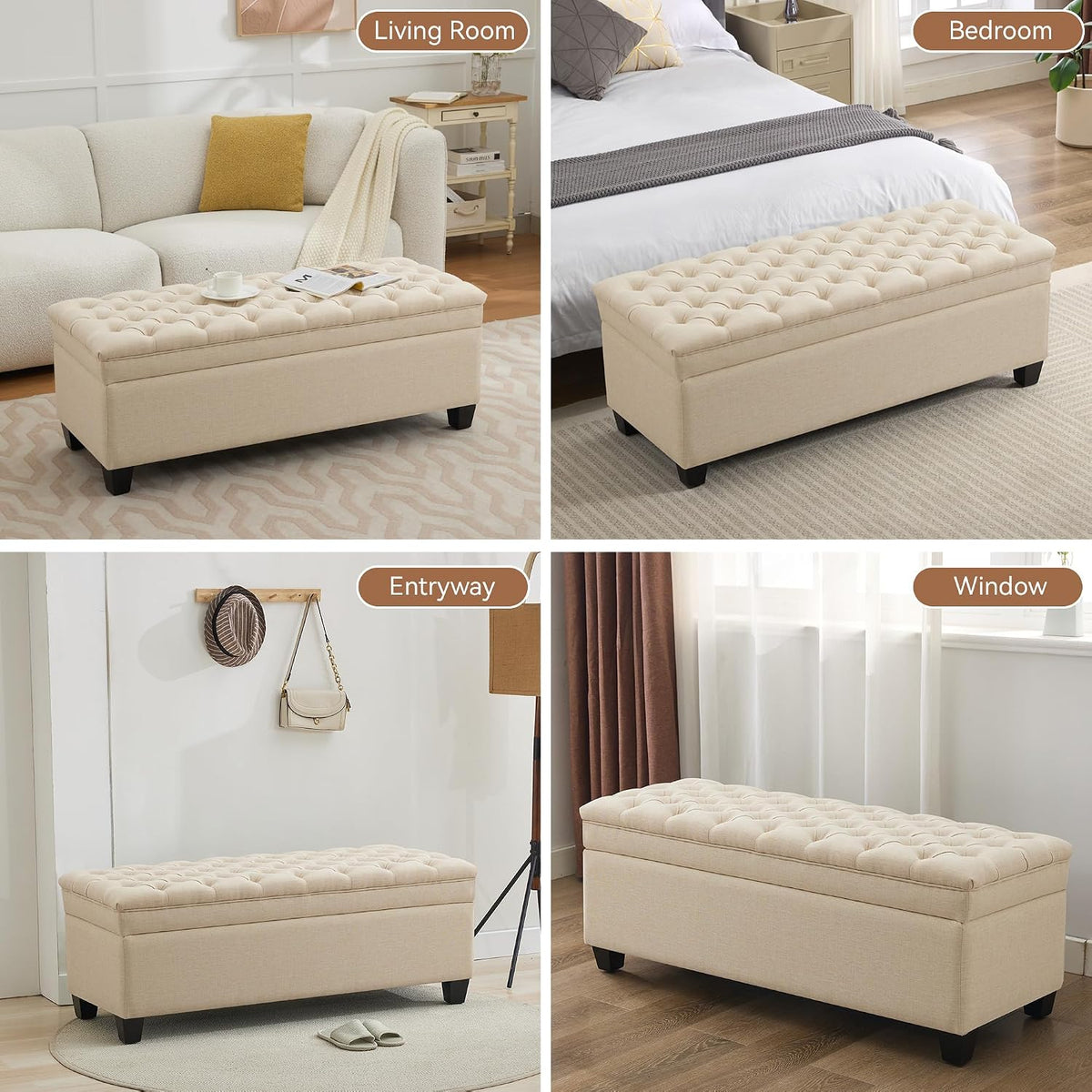 WUTUTUEE 51" Fabric Storage Ottoman Bench, Upholstered Rectangle End of Bed Storage Ottoman Tufted Living Room Bedroom Bench with Safety Hinge, Solid Wood Legs, Loads 500 lb(Khaki)