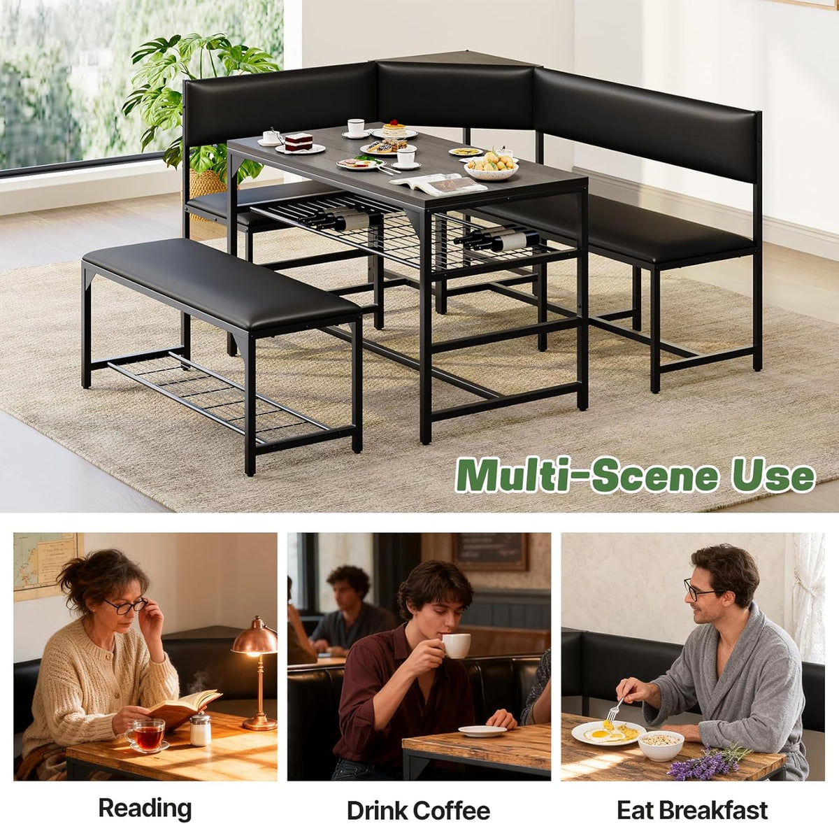 Concho Kitchen Breakfast Nook Table Set with Soft Seat, Corner Dining Table Set for 4-6 People, Dining Room Sets for 4, Space Saving Kitchen Booth Seating with Table for Small Space, Taupe