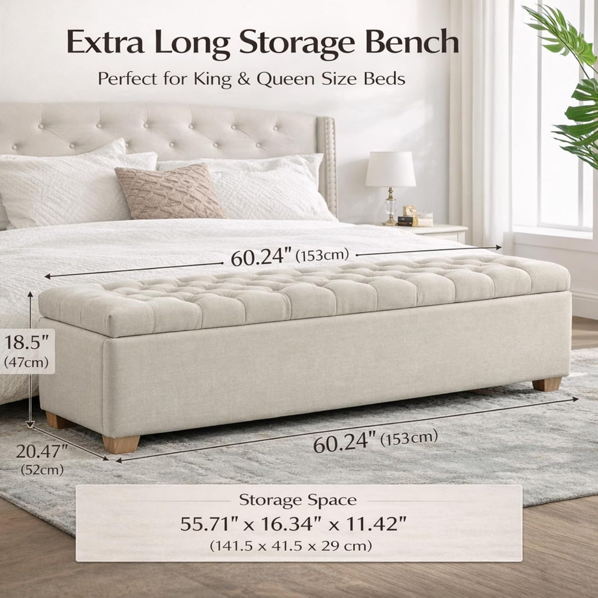 60.2" Storage Bench, End of Bed Storage Benches, Chenille Fabric Upholstered Ottoman Bench with Safety Hinge for Living Room Entryway Bedroom Hallway