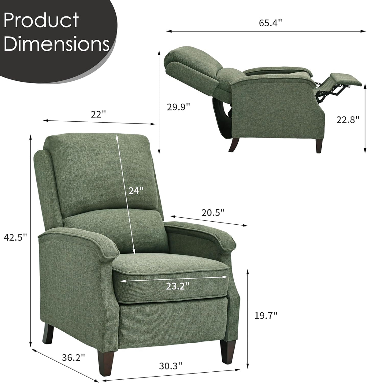 VKNOW Recliner Chair, Fabric Recliner with Soft Armrest, Home Theater Seating with Adjustable Push Back and Lumbar Support, Single Sofa for Adults, Lounge Chair for Living Room, Bedroom（Green）