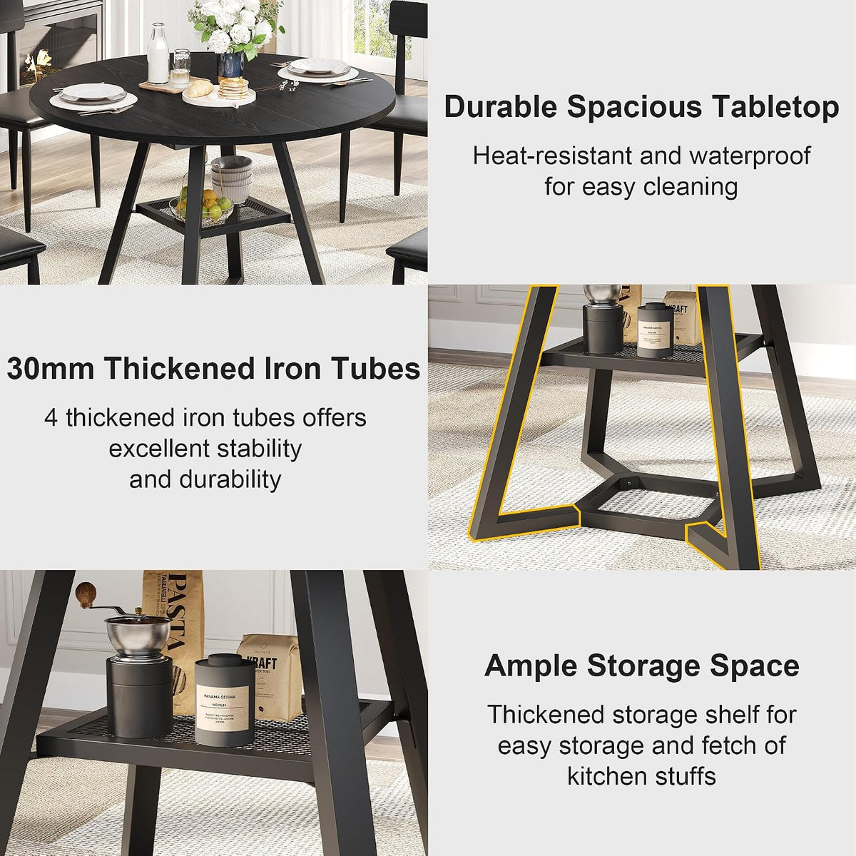 knoworld 43" Round Dining Table for 4, Kitchen Tables Dining Room Circle Dinner Table with Pedestal Metal Frame, Space Saving Wood Industrial Kitchen & Dining Room Tables, Black 43In