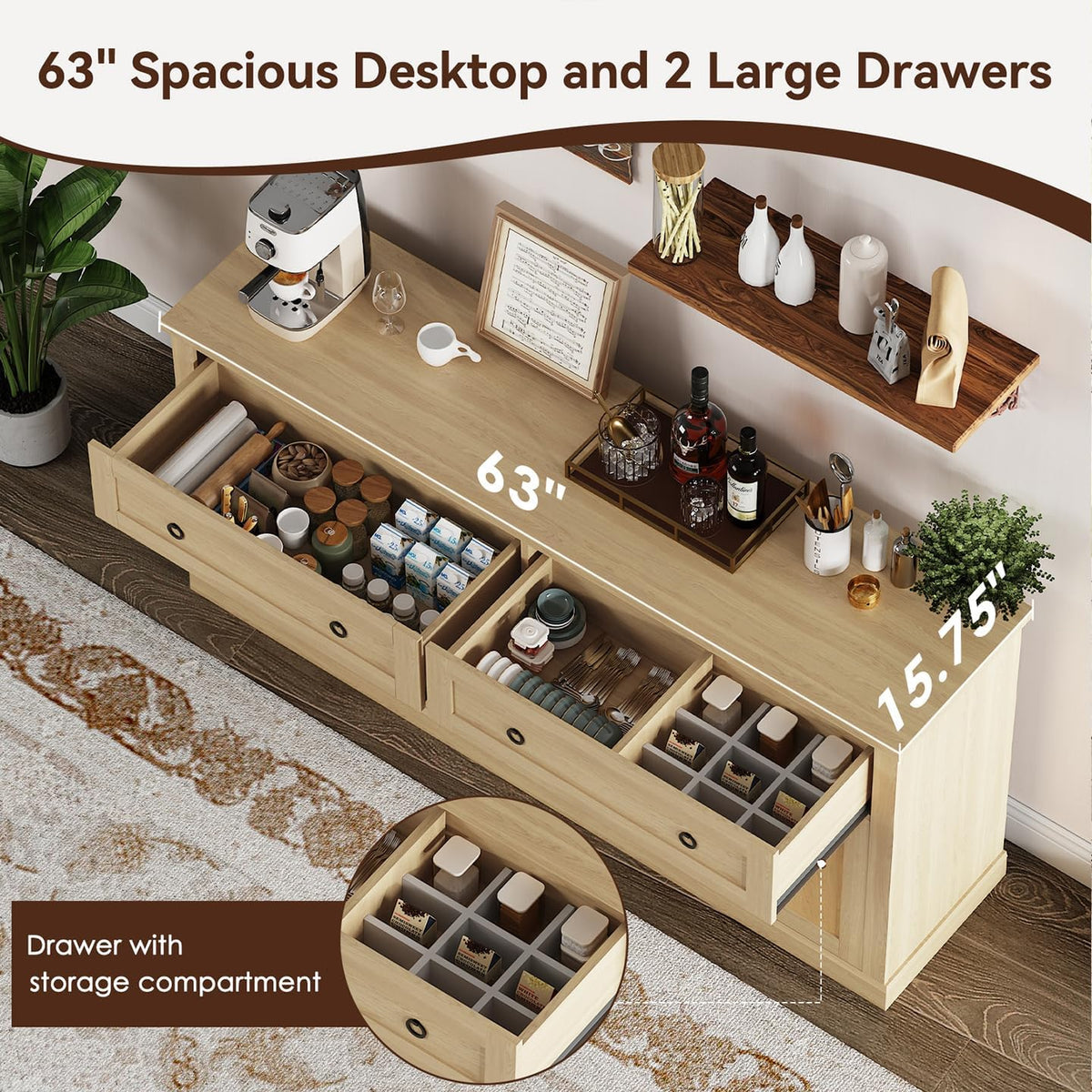 63'' Sideboard Buffet Cabinet with Storage, Modern Storage Cabinet with Outlets & LED Light, 2 Drawers and 4 Doors, Adjustable Shelves, Coffee Bar Cabinets for Kitchen Living Room, Wood