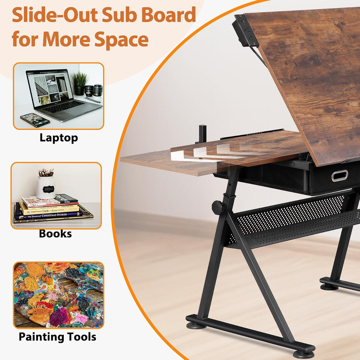 SUPER DEAL Drafting Table Set with Charging Station, Height Adjustable Tilting Drawing Desk Artist Desk with Stool Multifunctional Art Craft Workstation with 2 Storage Drawers for Home Office School