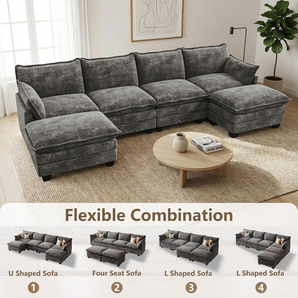 Modular Sectional Couch for Living Room, U Shaped Comfy Sofa | Comfortable Foam Cushions, Sturdy Frame, Appealing Look, Easy Assembly, Soft Chenille Fabric, Movable Ottoman, Dark Gray