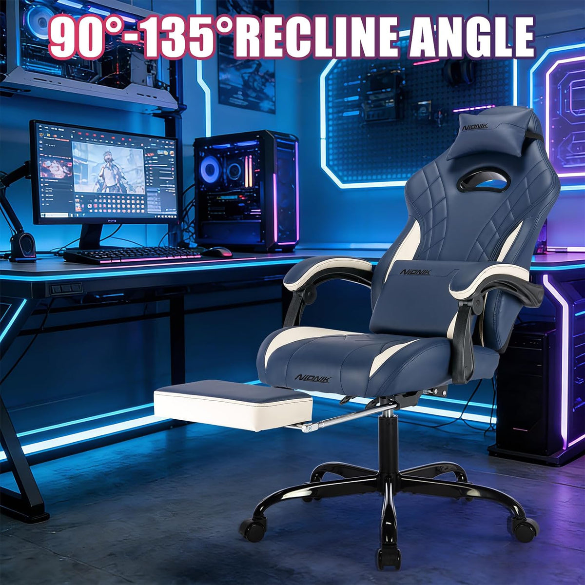 Gaming Chair with Footrest and Massage Lumbar Support, Ergonomic Computer Gamer Chair, Office Video Game Chairs (Blue)