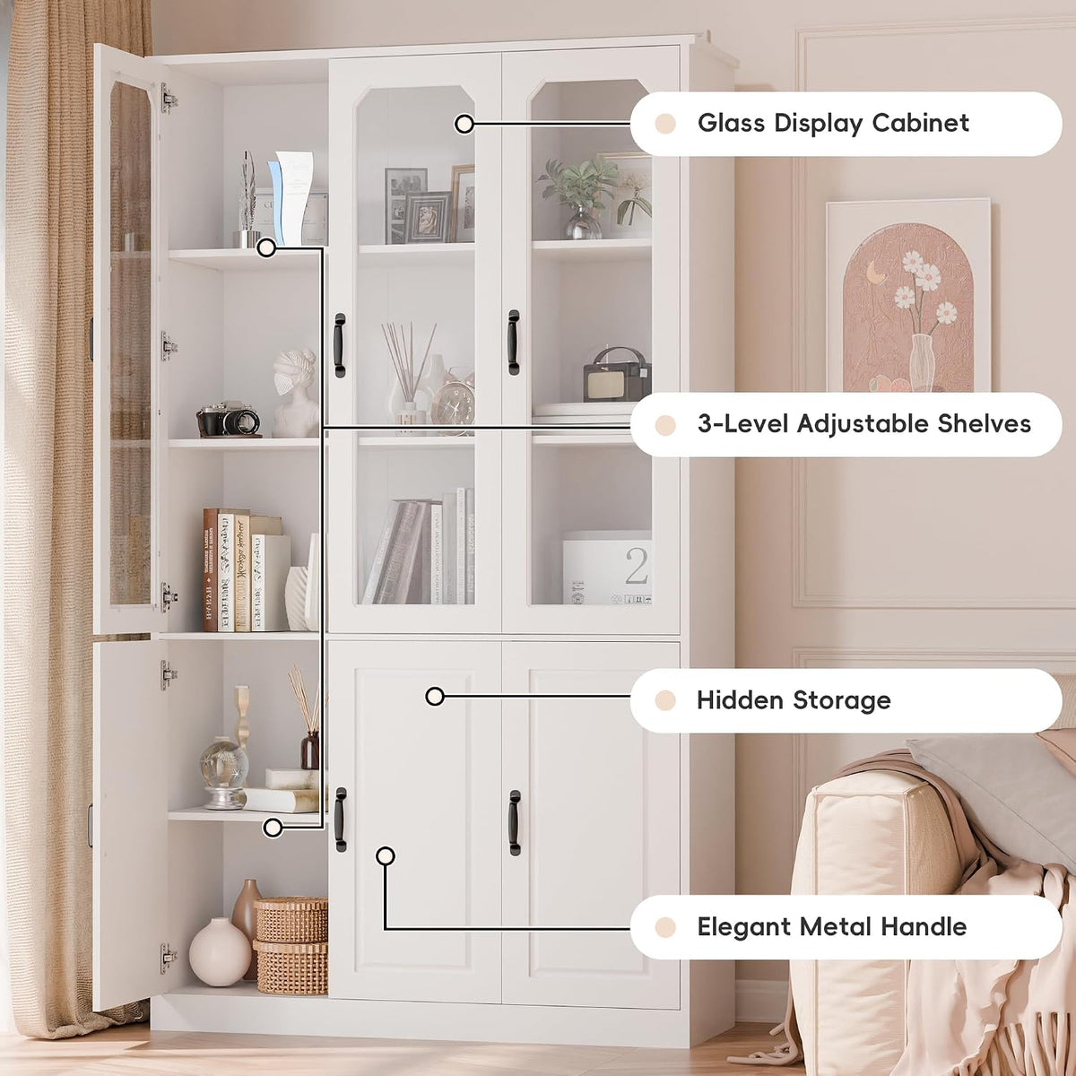 MU 78.7" Tall Kitchen Pantry with 3 Glass Doors, Freestanding China Cabinet with Adjustable Shelves, Large Kitchen Pantry Storage Cabinet Cupboard for Dining Room, Living Room, White (X-Large, 46" W)
