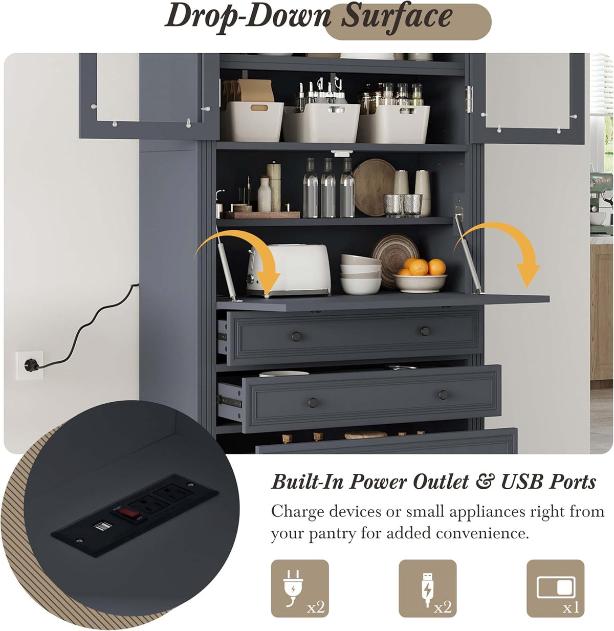 78” Kitchen Cabinet Pantry with 3 Drawers, Food Storage Cabinet with Power Outlet & Shelves, Food Pantry for Kitchen Dining Room, Easy Assembly (Grey)