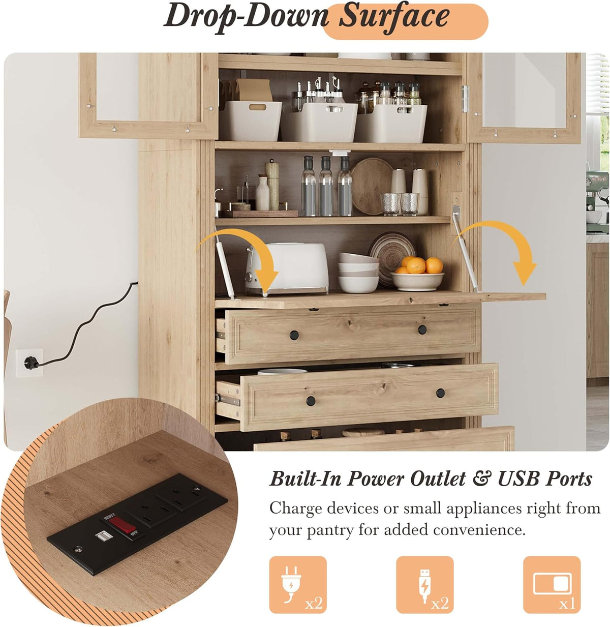 78” Kitchen Cabinet Pantry, Food Storage Cabinet with 3 Drawers, Adjustable Shelves & Power Outlet, Food Pantry for Kitchen Dining Room, Easy Assembly (Natural)