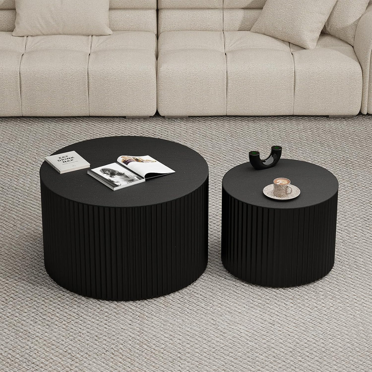 Round Wood Coffee Table Set of 2 Modern Round Fluted Nesting Coffee Tables Handcrafted Wooden Circle Nesting Table for Living Room for Small Space (Black (D27.56+D19.69 inch))