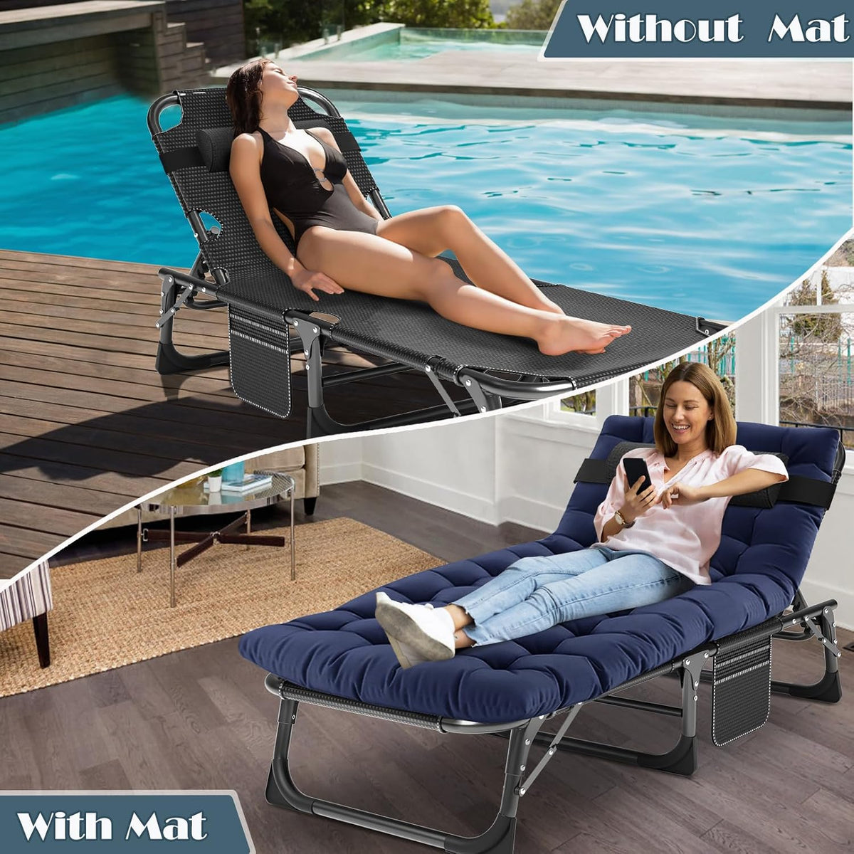MOPHOTO 5-Position Folding Chaise Lounge Chair for Patio, Outdoor & Pool | 5 adjustable positions and a padded design create a comfortable spot to relax at the beach, pool, patio, lawn, or campsite