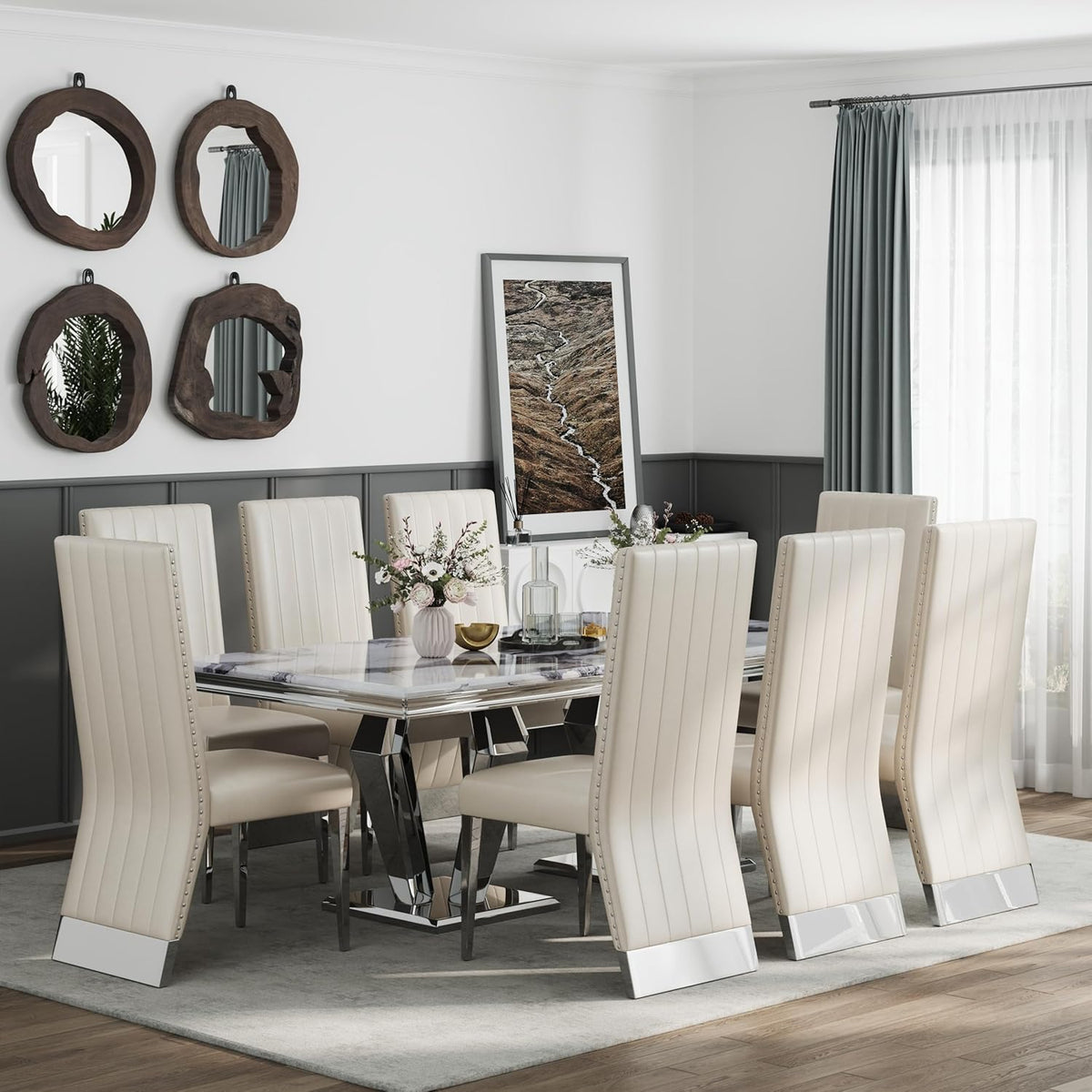AUZ White Leather Dining Chairs Set of 6, White and Silver Upholstered Dining Room Chairs with Nailhead Trim High Back, Modern Dining Chair with Polished Silver Metal Legs