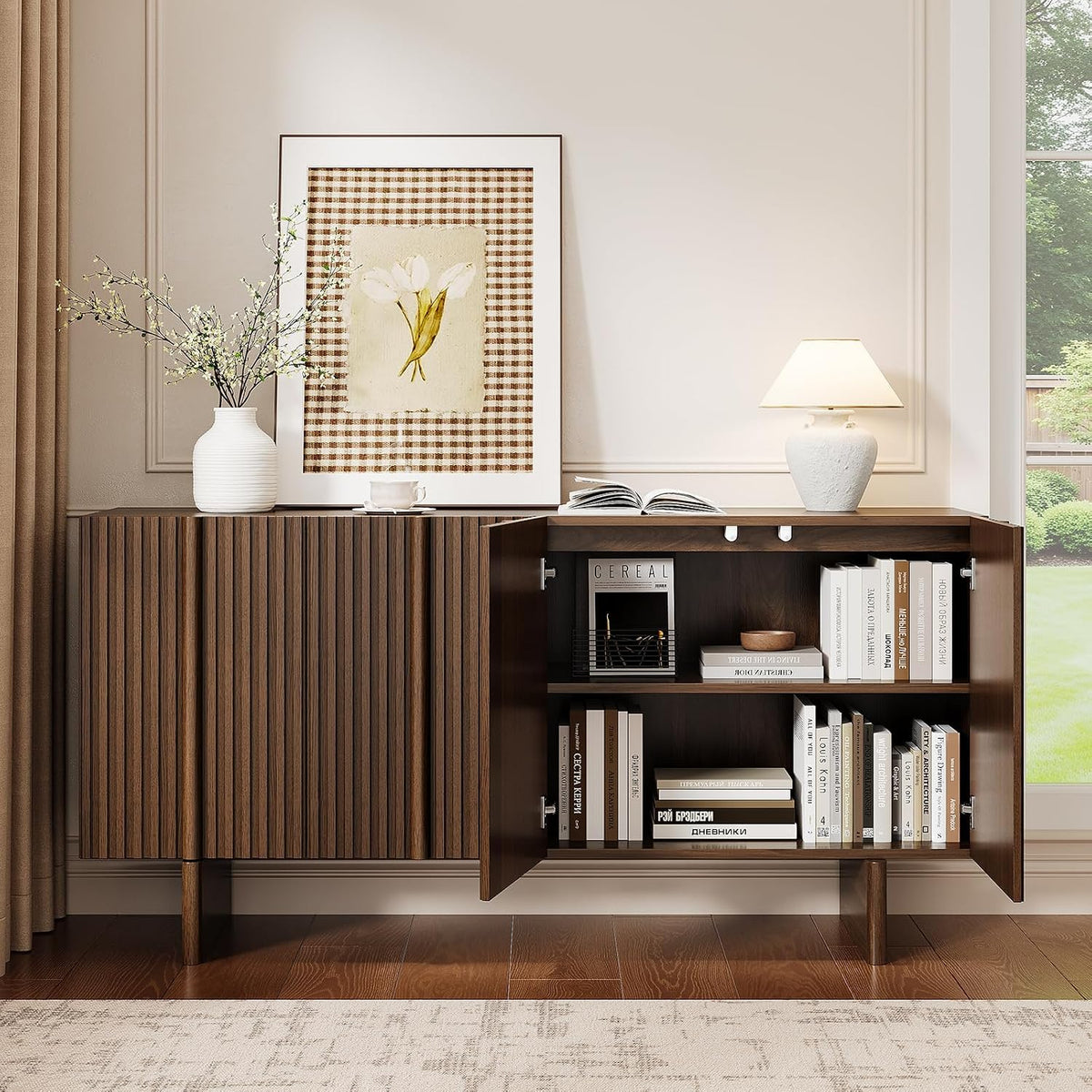 ONBRILL 63" Fluted Sideboard Cabinet with Storage Adjustable Shelves Walnut