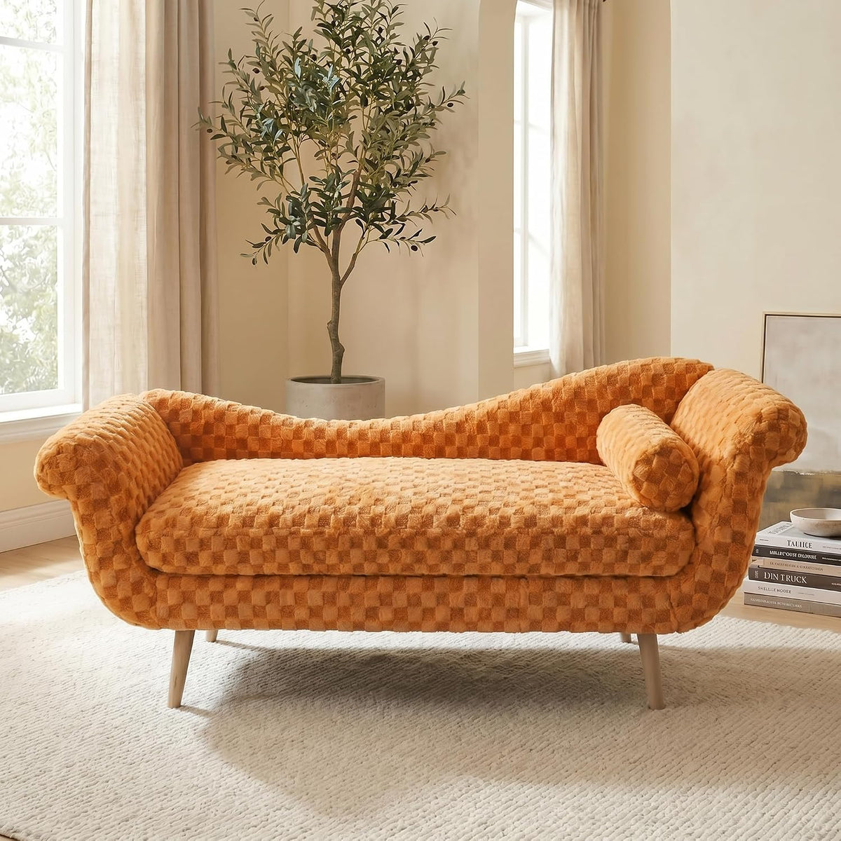 ERYE Upholstered Left Facing Chaise Lounge Chair W/Scroll Arms and Wood Legs, Elegant Chaise Lounge Square Pattern Accent Recliner Lounger Sofa for Living Room Bedroom
