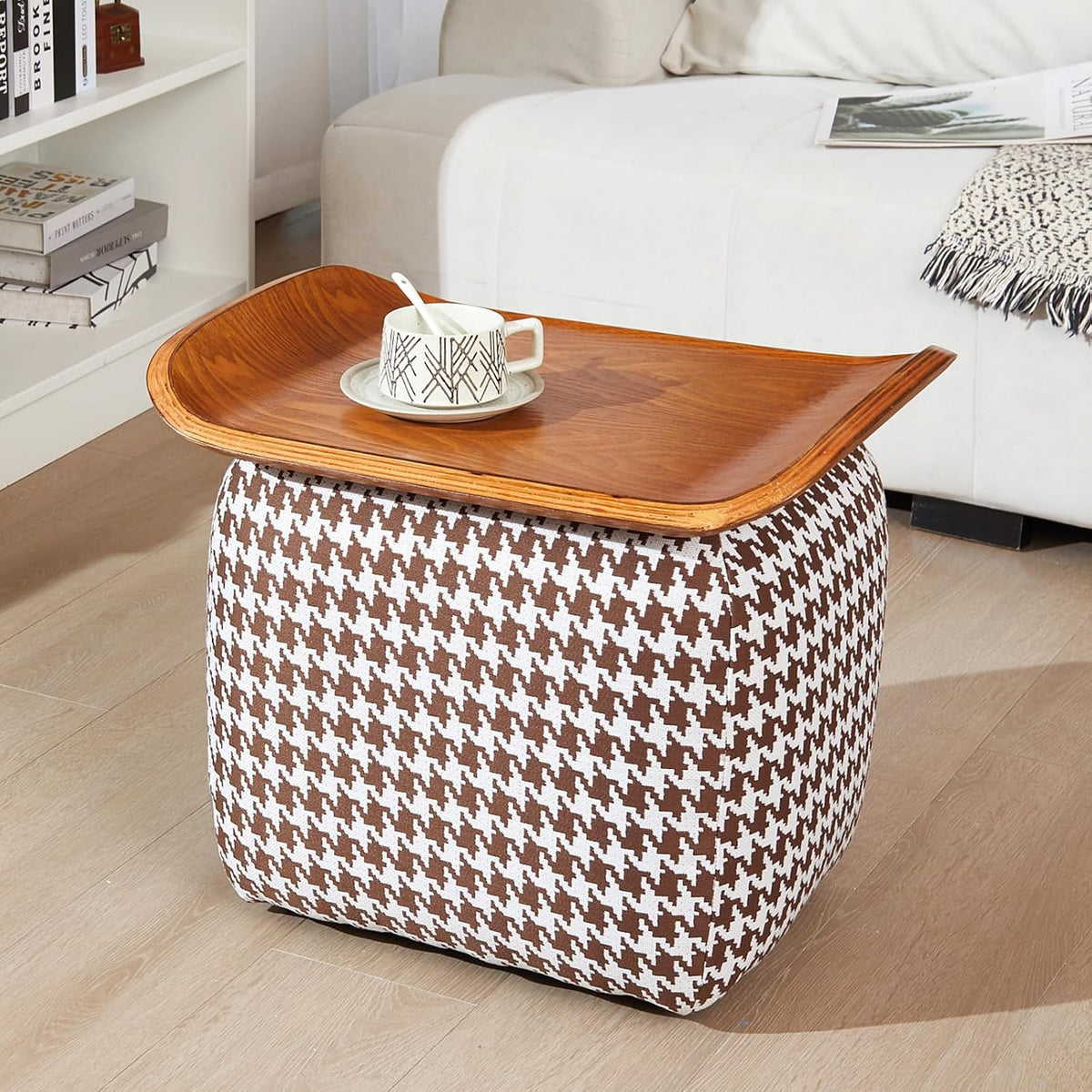 zyz 21 Inch Square Storage Ottoman Coffee Table, Modern Ottoman with Flip-Top Lidm, Solid Wood Panel, Houndstooth Fabric Footstool, Accent Ottoman for Living Room, Bedroom, Corners, Entryways (Brown)