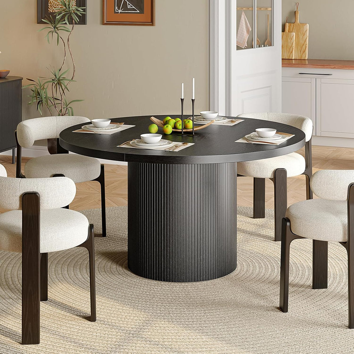 47 inch Round Dining Table for 4, Circle Kitchen Table with Wood Strip Base, Modern Farmhouse Dinner Tables for Kitchen, Living Room (Black)