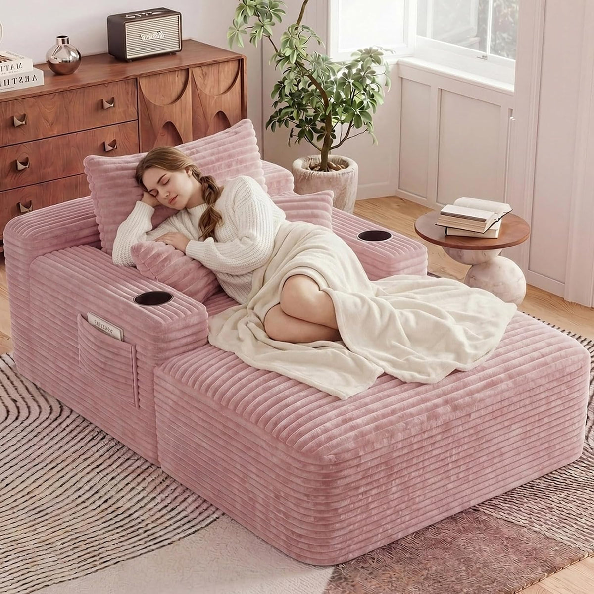 65" Oversized Chaise Lounge Chair Indoor, Chaise Lounge Chair with Cup Holders Side Pockets 3 Pillows, Cloud Corduroy Chaise Sofa Bed Sleeper Couches for Living Room No Assembly Require,Pink