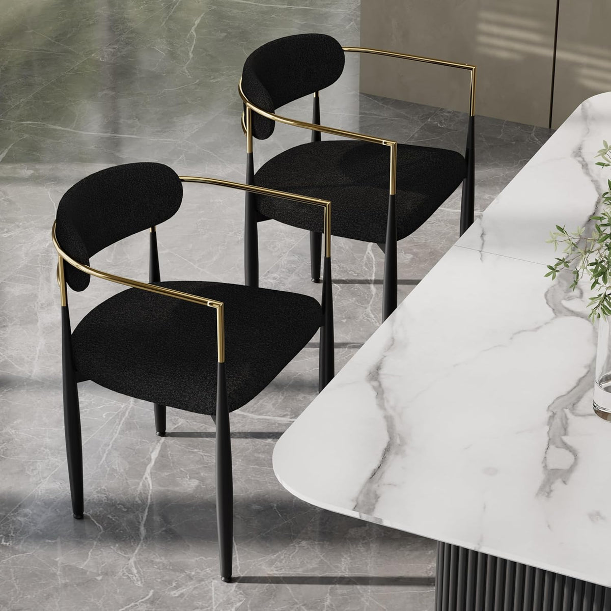 Baysitone Dining Chairs Set of 2 Mid-Century Modern Upholstered Boucle Dining Room Chairs Open Back Curved Backrest Black Metal Legs Gold Armchairs for Kitchen Living Room, Black(Only Chairs)