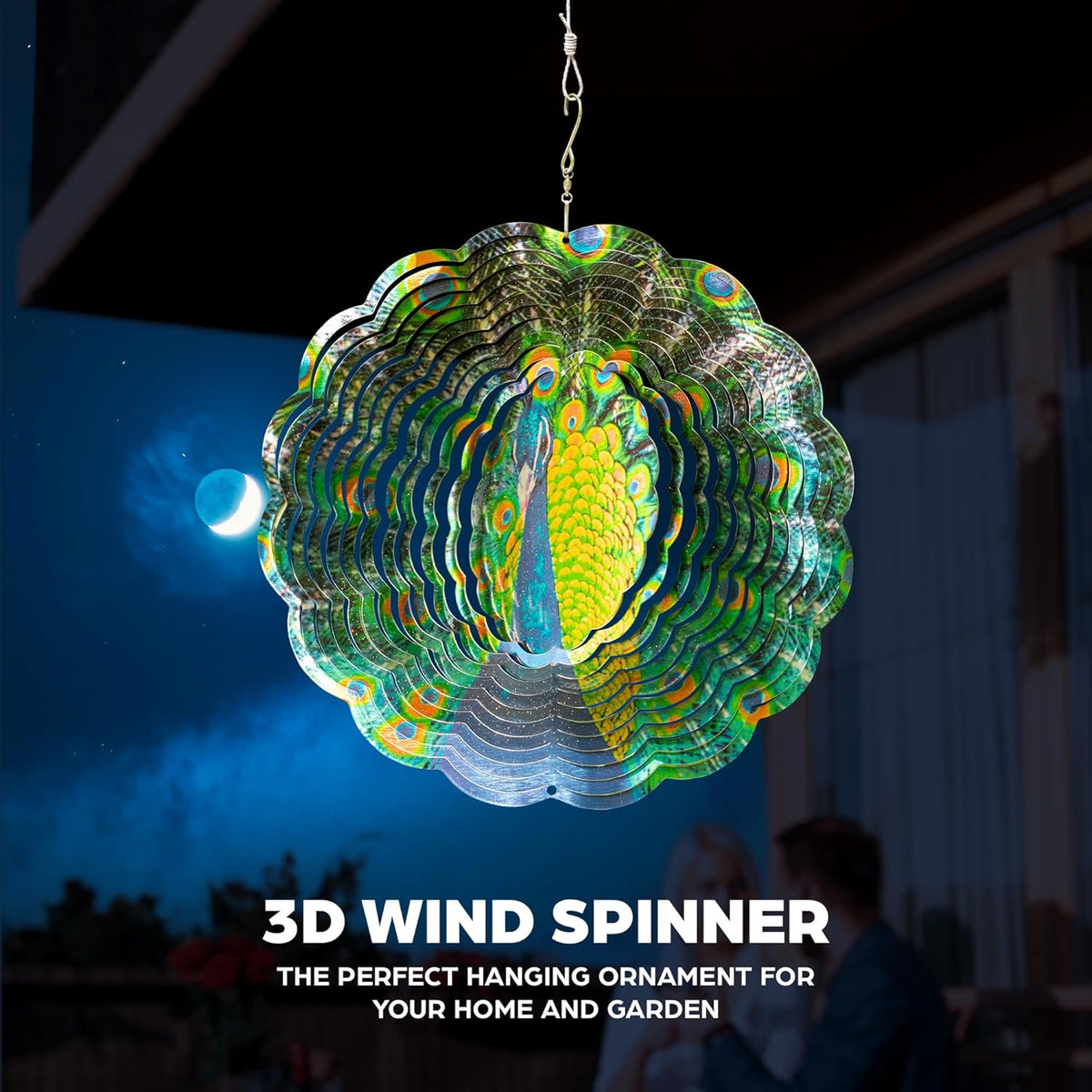 Skylar Peacock Wind Spinner, Stainless-Steel Garden Decor, 3D Wind Decoration with Holographic Effect, Unique 12-Inch Sun Catcher, Foldable Ornament, Support Hook Holes for Hanging, Hooks Not Included