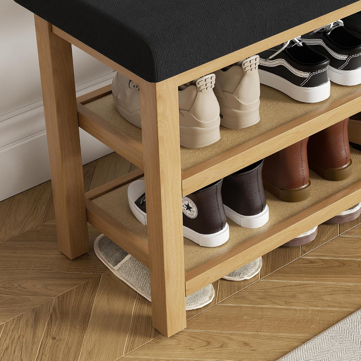 2 Tier Shoe Rack Bench with Cushion, Rubberwood Shoe Benches, Mid-Century Modern Shoe Storage Bench for Entryway, Hallway, Living Room, Closet, Front Door Entrance, Black