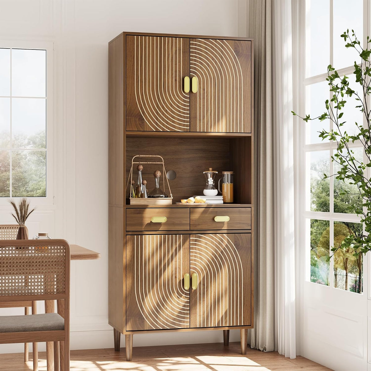 Smuxee 70.87" Walnut Kitchen Pantry Cabinet, Tall Food Pantry Cabinet with Line Groove Design, Kitchen Hutch with Microwave Stand for Dining Room, Living Room, Bar