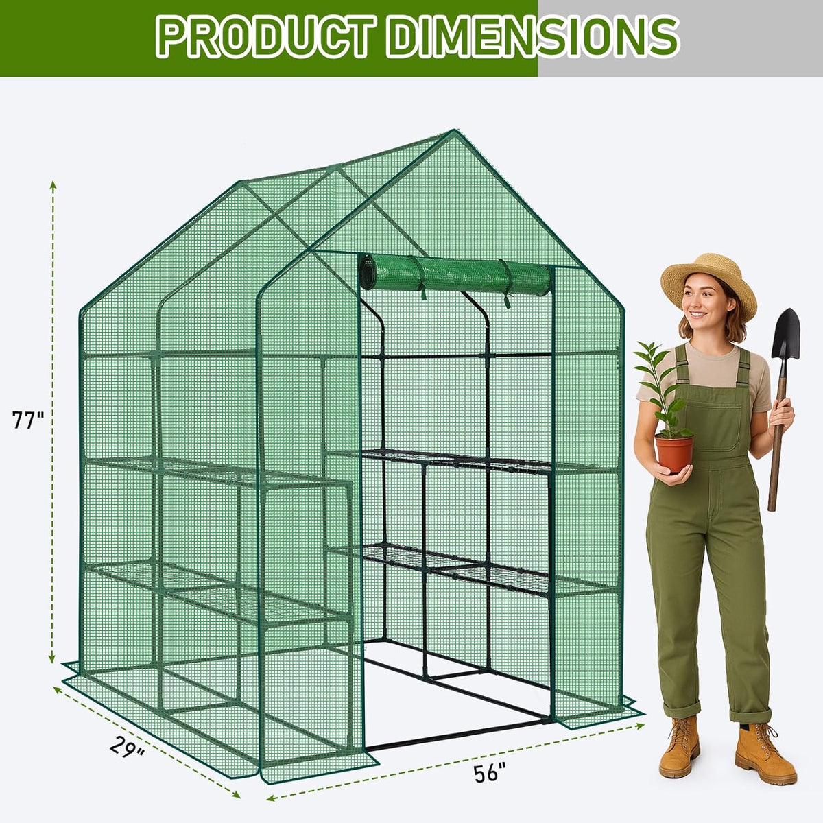 Outvita Walk-in Greenhouse, Outdoor Durable PE Plant Green House for Frost Protection with 3 Tiers 8 Shelves, Shelf Clips, Roll-up Zipper Door, 56"x56"x77" Green