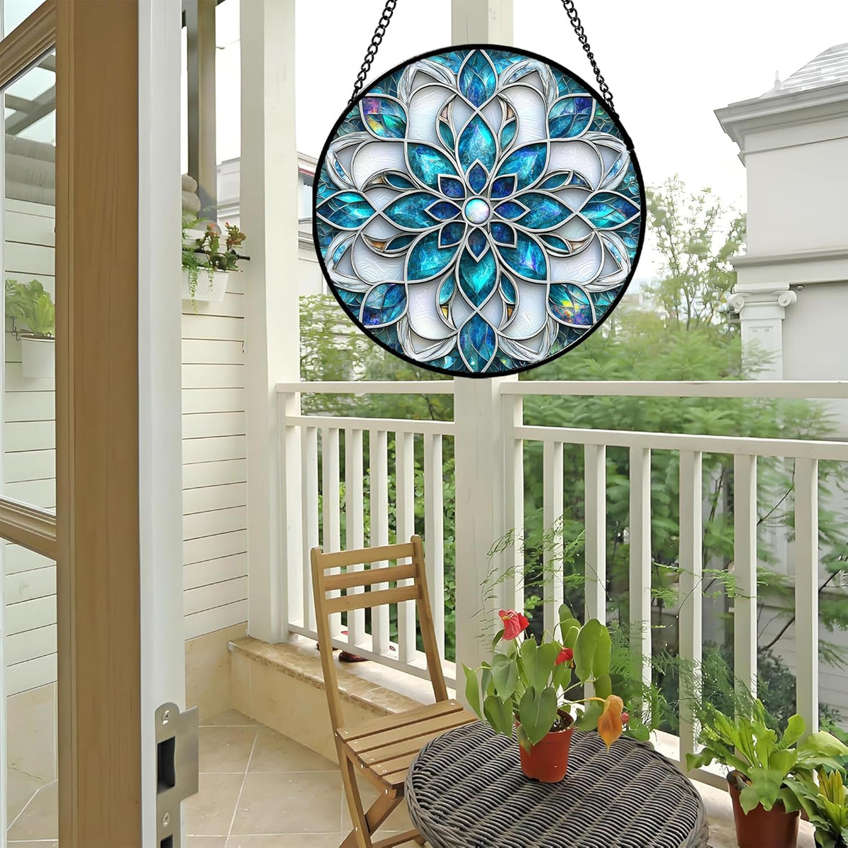 Stained Glass Window Hanging - Blue White Abstract Flowers Suncatcher for Door Terrace Garden Home Decor Boho Sun Catcher Birthday Gifts for Lovers Women Men Dad Mom Nana 11.8 in