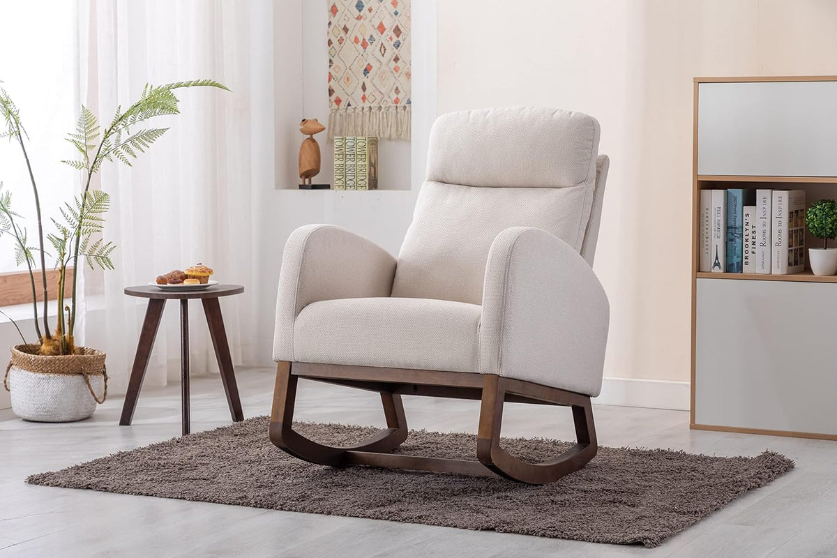 Rocking Chair,Nursing Chairs with Foot Rest for Mom, Rocker Glider Chair with High Backrest for Living Room, Bedroom, Upholstered Lounge Chair with Solid Wood Base for Relaxin (Beige)