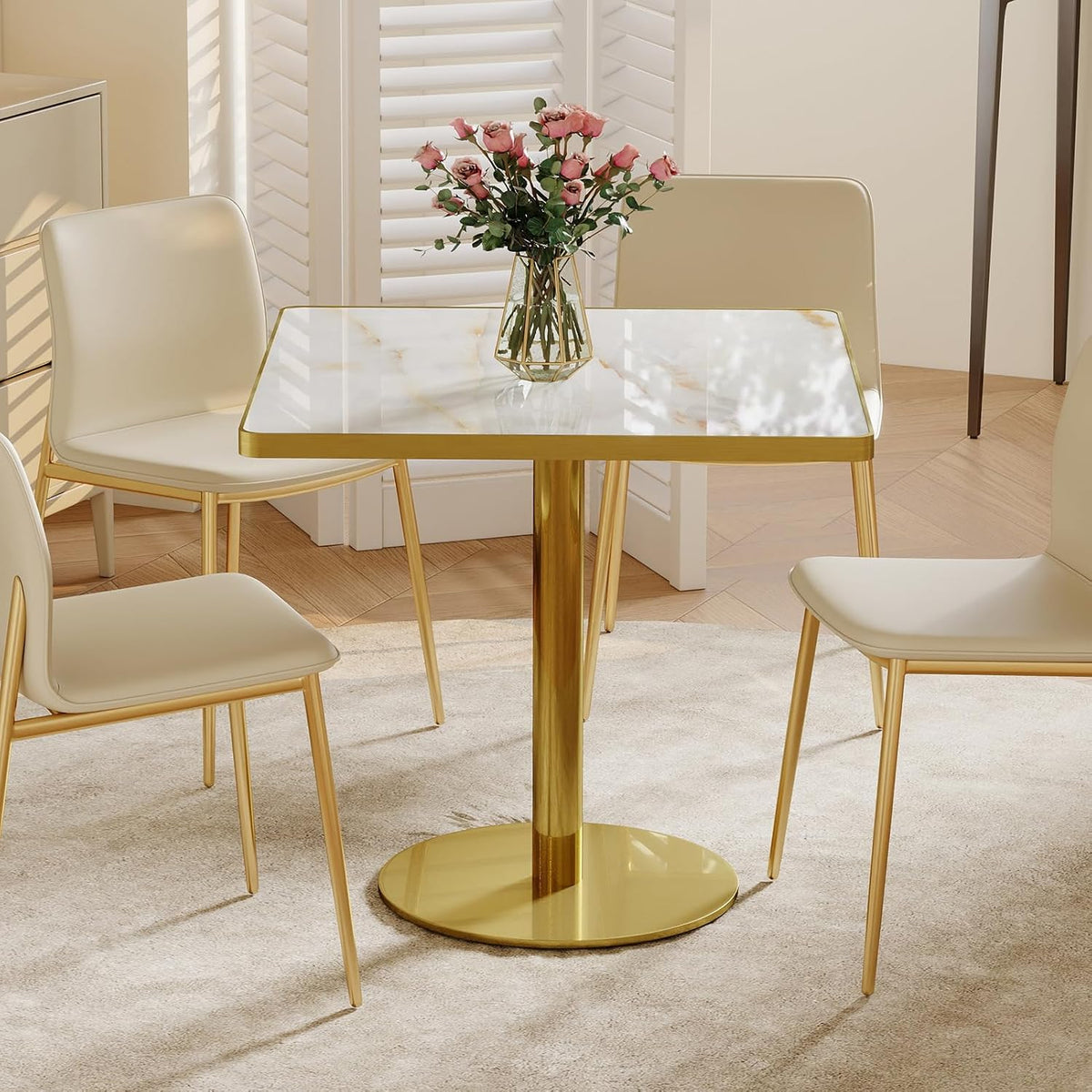 31.5'' Square Modern Dinning Table with Sintered Stone Tabletop, Golden Edge & Pedestal Base, Bistro Tulip Table for 2-4 Person for Dining Room/Cafe/Small Spaces/Restaurant (Crystal Onyx)