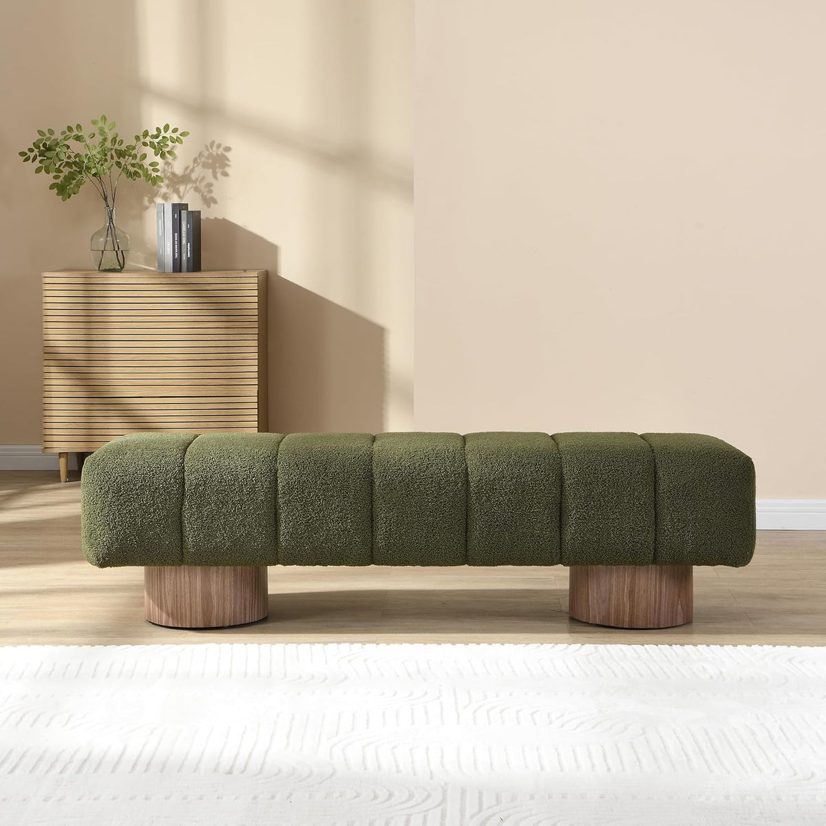 Merax 64" Upholstered Boucle Dining Bench Entryway End of Bed Ottoman Bench for Living Room Bedroom Dining Room, Wood Leg, Bear 300 LBS, No-Assembly (Green)