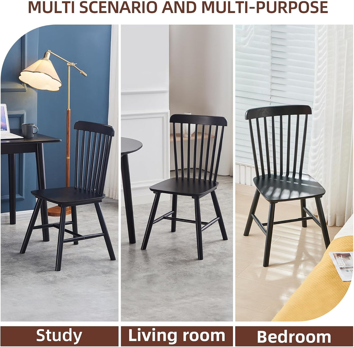 Black Windsor Dining Chairs Set of 6, Solid Wooden Dining Chairs, Spindle Back Dining Room Chairs, Modern Farmhouse Kitchen Chairs for Living Room, Restaurant, Cafe