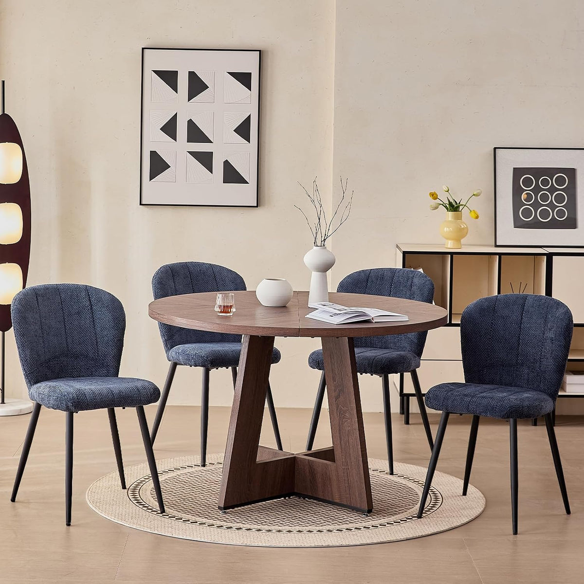 Dining Chairs Set of 4, Upholstered Chenille Fabric Kitchen Chairs with Wingback and Metal Legs, Elegant Tufted Accent Chair Vanity Chair for Dinner Bedroom Living Room, Blue