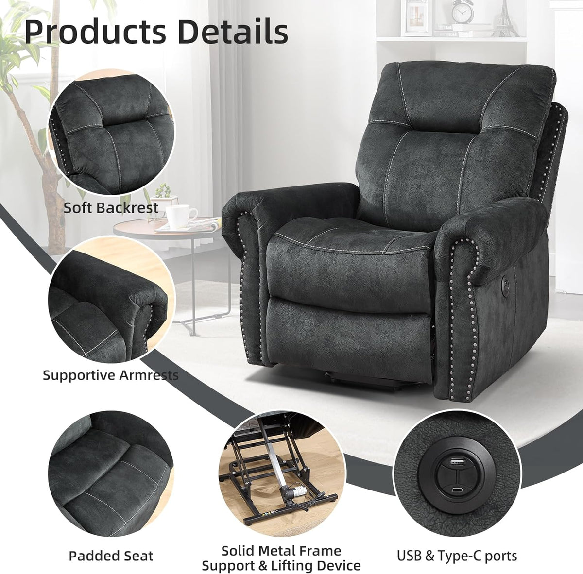EBELLO 3 Pieces Reclining Couch Furniture Set for Living Room, Double 1 Seat Power Recliner Chair with Massage and Heat, a 3 Seater Manual Sofa, Vintage Rivet Mid-Century Design, Grey