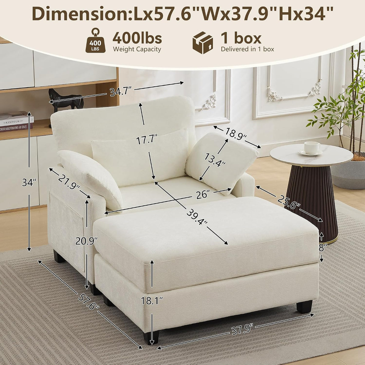 WUTUTUEE 57.5" Oversized Chaise Lounge with Ottoman Indoor, White Reading Chair with Ottoman & Sofa Bed, Chenille Upholstered Comfy Sleeper Chair for Living Room, Bedroom, Office