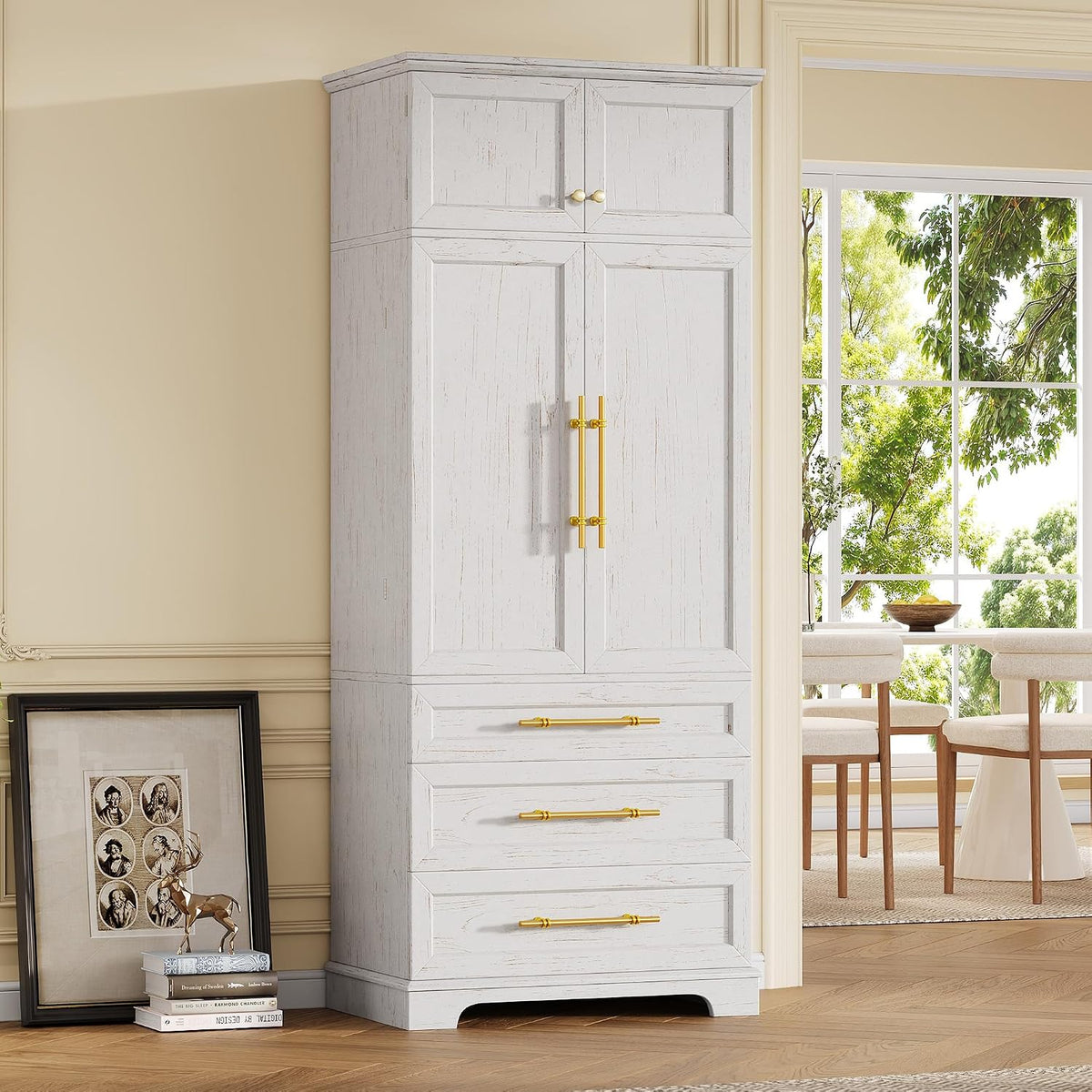 LUMISOL Kitchen Pantry Cabinet with Drawers, 78.2" Tall Cupboard Storage Cabinet with 3 Adjustable Shelves, Farmhouse Kitchen Hutch with 8 Door Shelves for Dining Room Living Room, Retro White