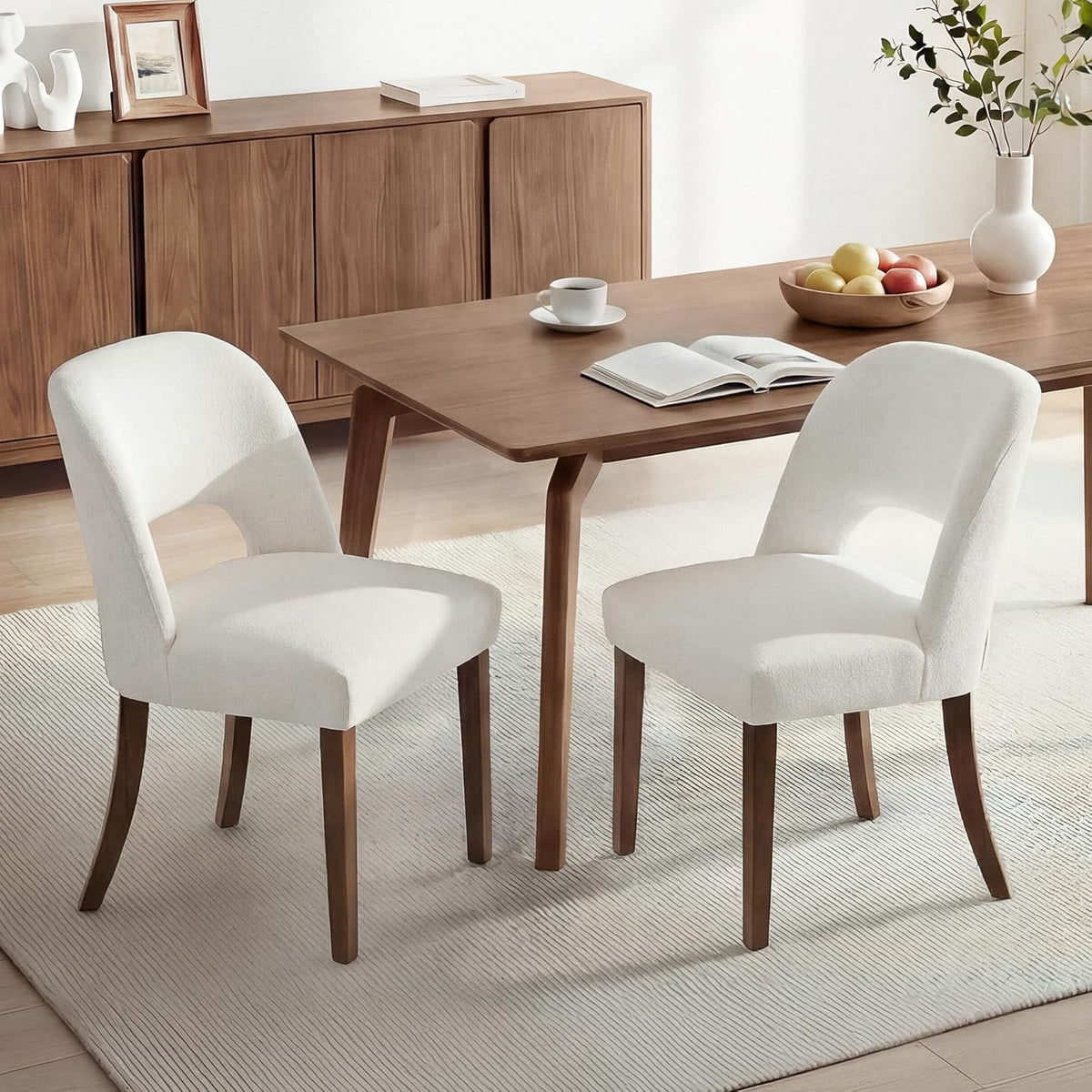 KISLOT Upholstered Dining Chairs Set of 4, Modern Armless Kitchen Chairs with Solid Wood Legs, Boucle Fabric, Sturdy Spring Structure, Comfortable Padded Dining Room Chairs, Cream
